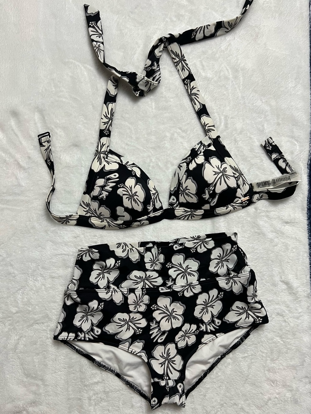 PINK Victoria's Secret Black & White Floral Bandeau Bikini Set